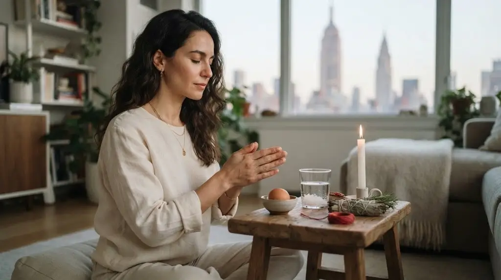 Woman performing a spiritual cleansing ritual for evil eye removal at home