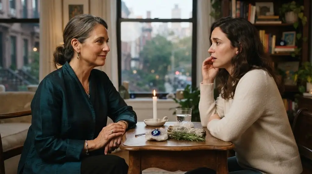 Spiritual practitioner consulting with a woman about evil eye removal in New York