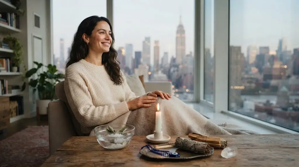 Woman feeling relieved after an evil eye removal and spiritual cleansing in New York