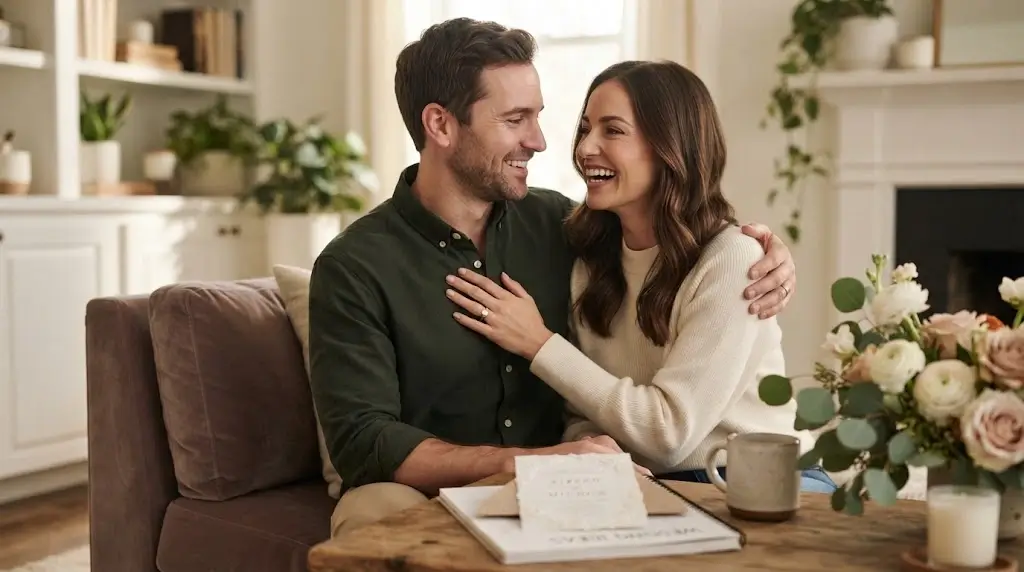Engaged woman wearing an engagement ring with her fiancé