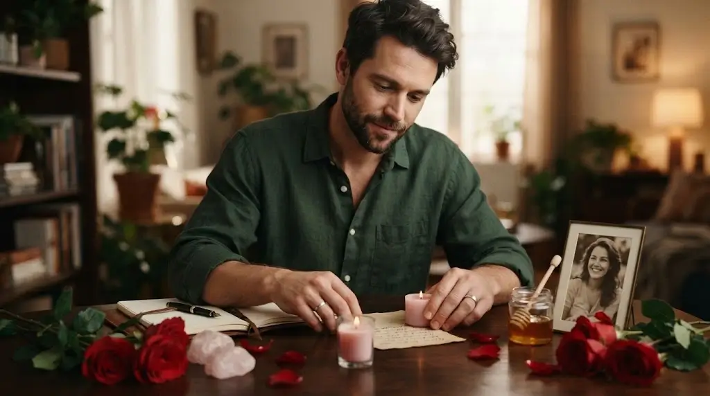 Man preparing a romantic love spell ritual with roses and rose quartz