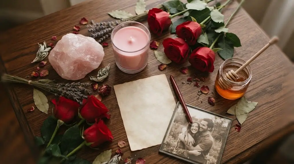 Rose quartz, pink candle, roses, honey and ritual materials for a love spell