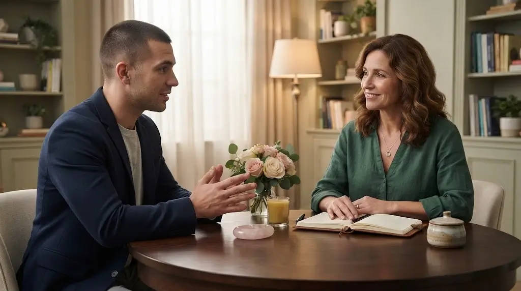 Man discussing his relationship with a female spiritual practitioner