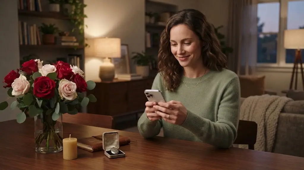 Woman smiling after receiving a message from someone she loves
