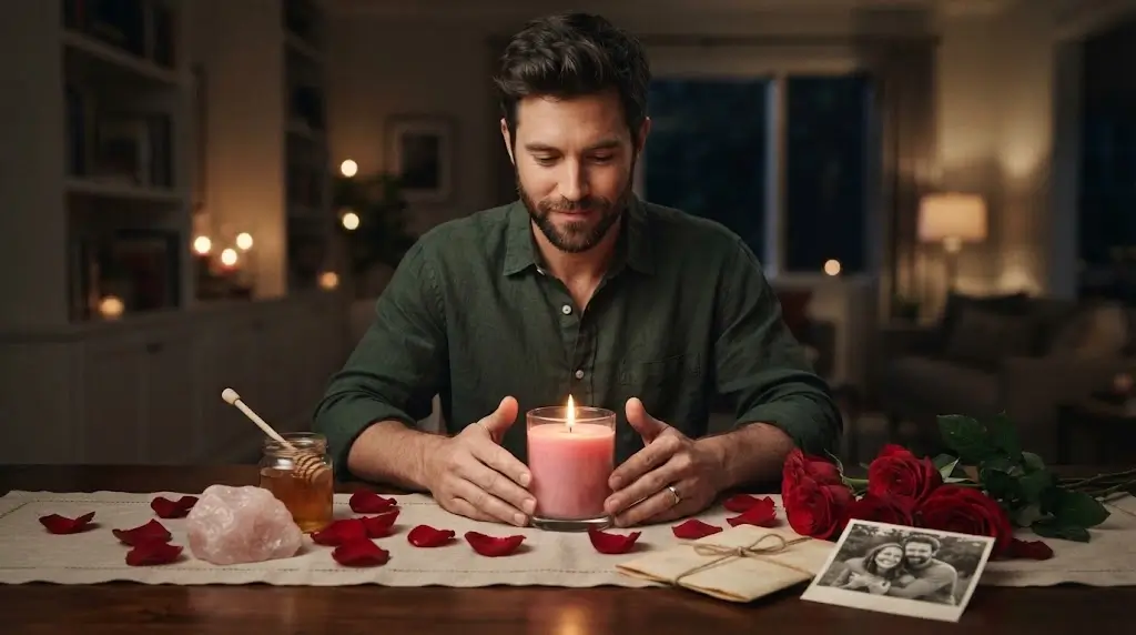 Man performing a seven-day love spell ritual with a pink candle and roses