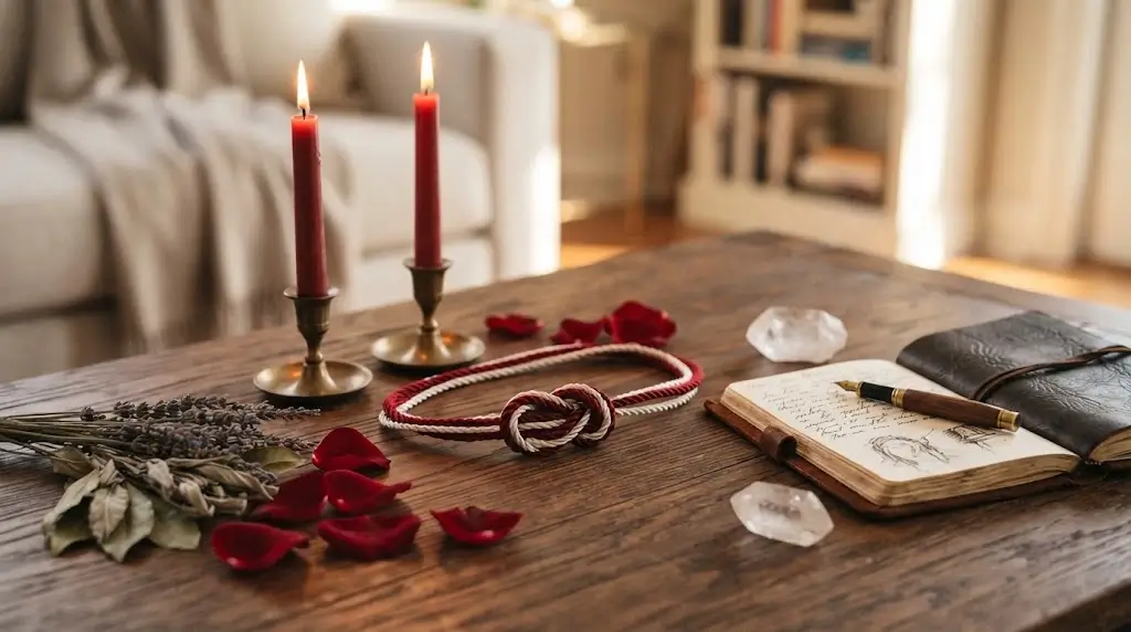 Candles and roses arranged for a romantic binding spell ritual