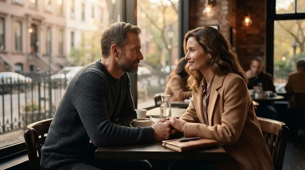 Former couple reconnecting during a heartfelt conversation in New York