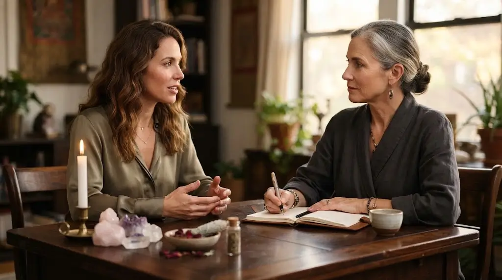 Woman discussing her relationship with a female spiritual practitioner