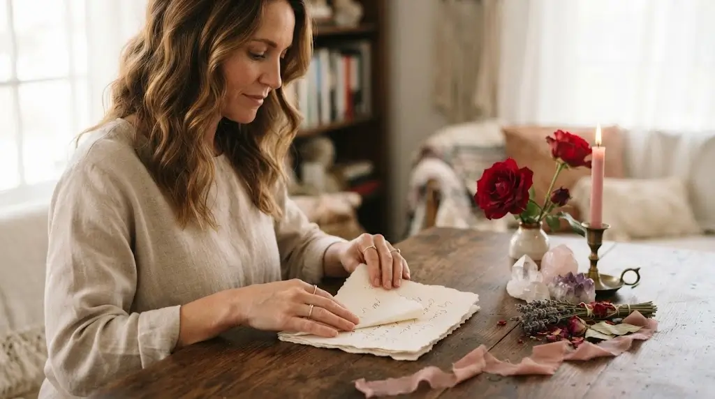 Paper and spiritual objects prepared for a symbolic love binding ritual