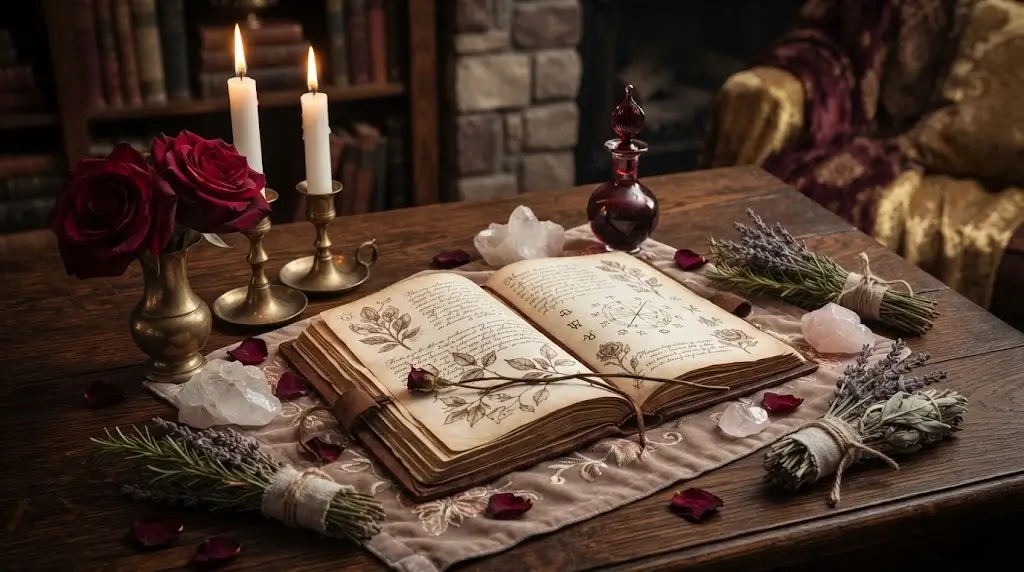 Symbolic spiritual objects arranged for a blood magic love ritual