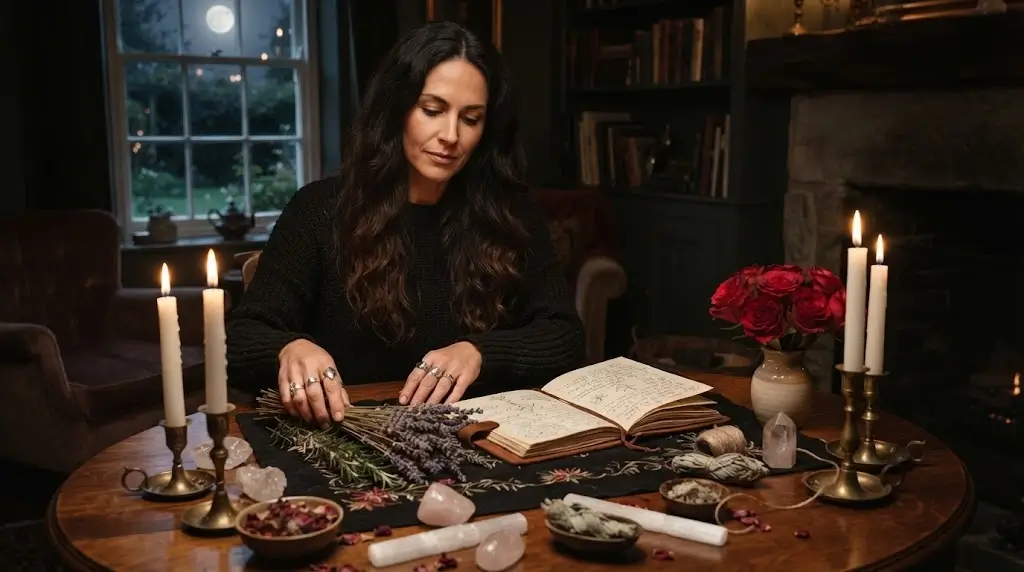 Woman preparing materials for a romantic spiritual ritual