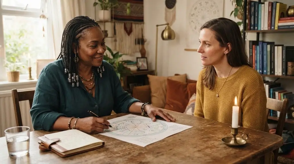 Astrologer studying a birth chart during a personalized reading
