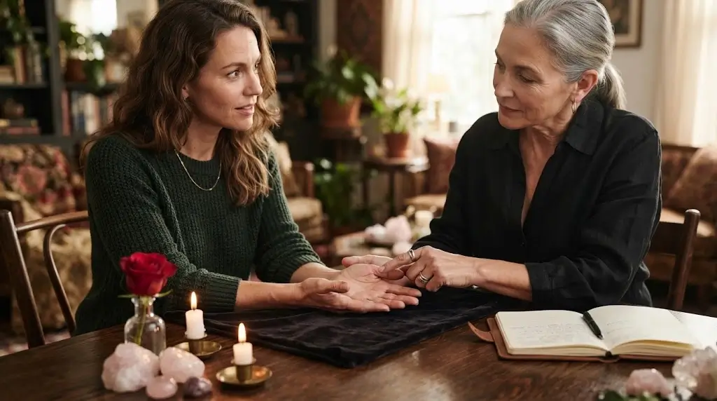 Woman consulting with a professional palm reader in a private setting