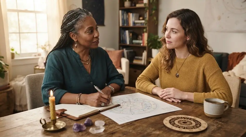 Woman discussing her relationship with a horoscope reader