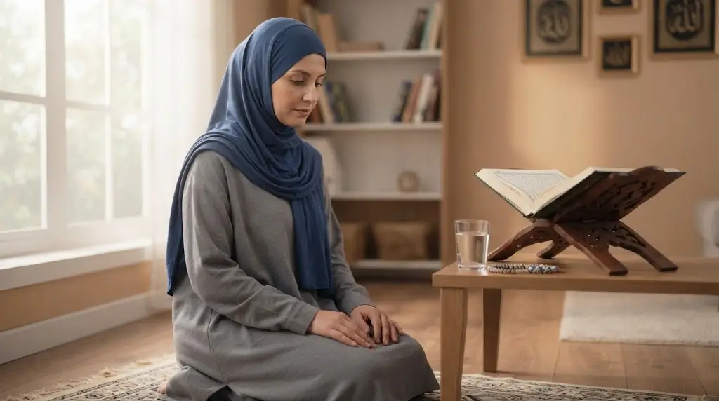 Woman practicing a peaceful Islamic spiritual protection ritual