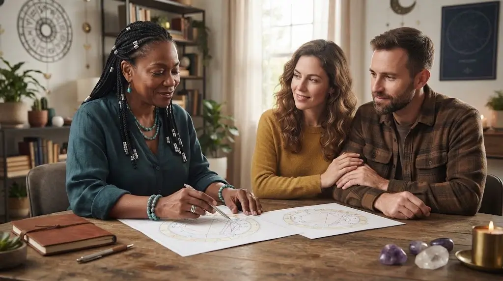 Couple exploring romantic compatibility through astrology