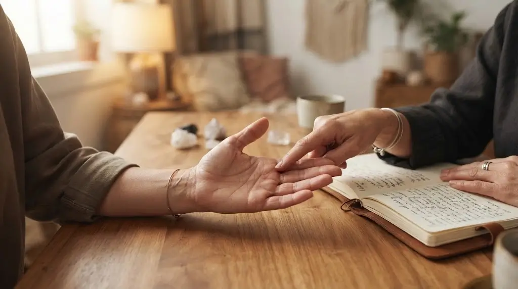 Close-up of a hand showing the major lines used in palmistry