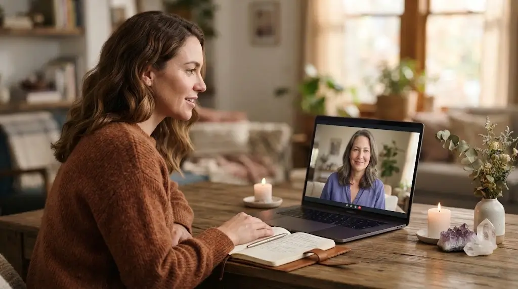Woman participating in a remote spiritual reading consultation