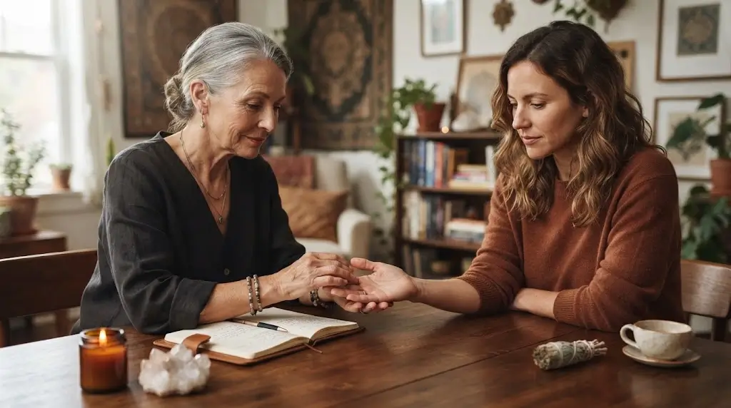 Palm reader examining a client's hand during a private reading
