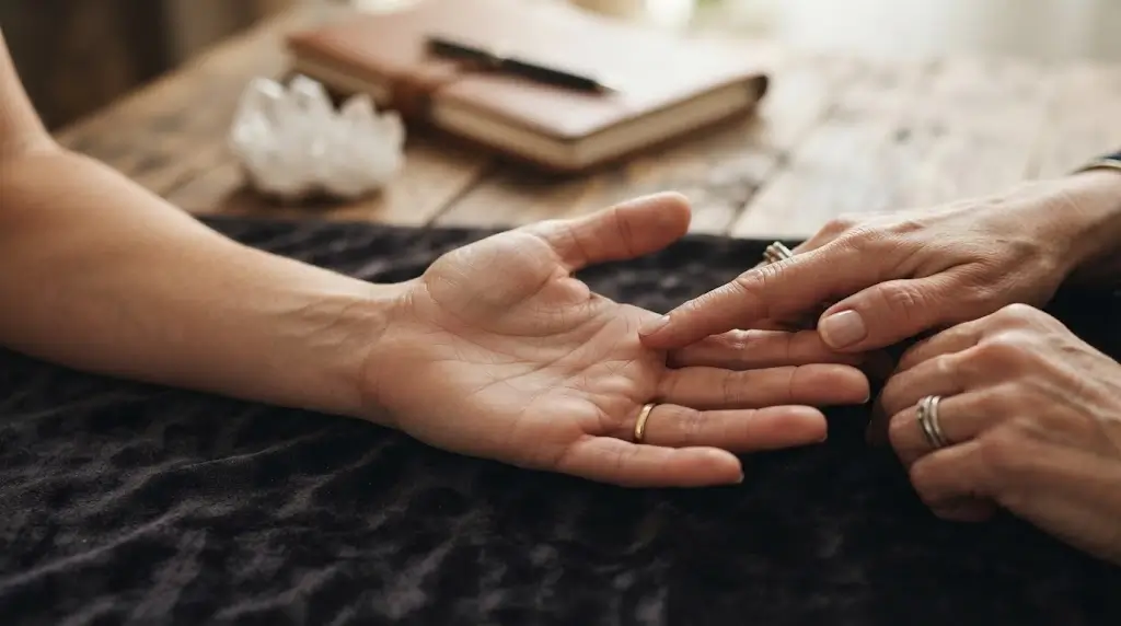 Close-up of major palm lines examined during a palmistry reading