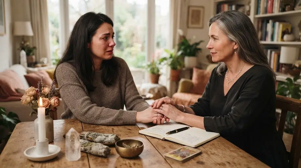 Woman consulting a physical medium about reconnecting with lost love