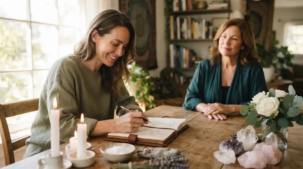 Woman discussing spiritual concerns with a female spiritual practitioner