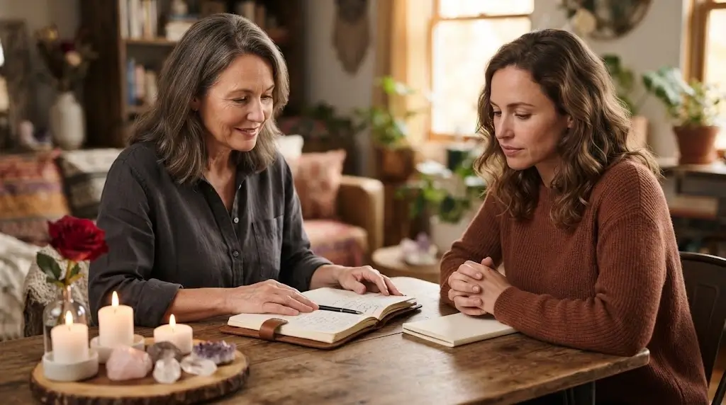 Woman receiving a spiritual reading about her relationship