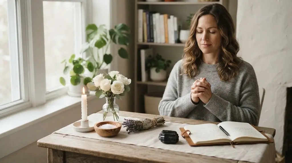 Woman practicing prayer and spiritual cleansing with candles and herbs Woman practicing prayer and spiritual cleansing with candles and herbs
