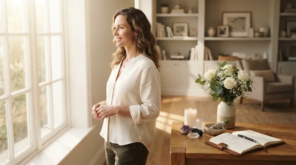 Woman feeling peaceful after a spiritual cleansing and protection practice
