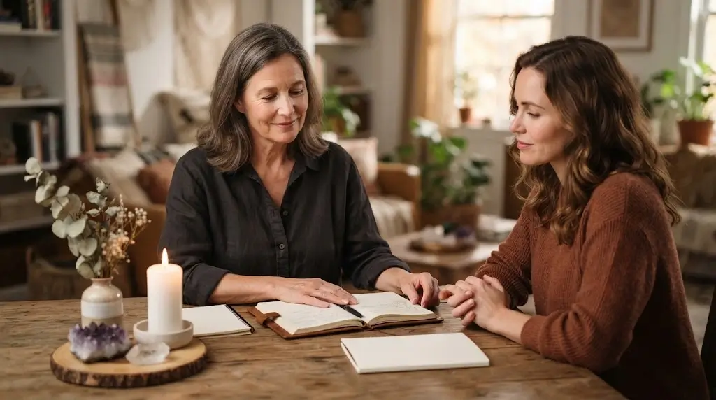 Woman consulting a spiritual reader for personal guidance