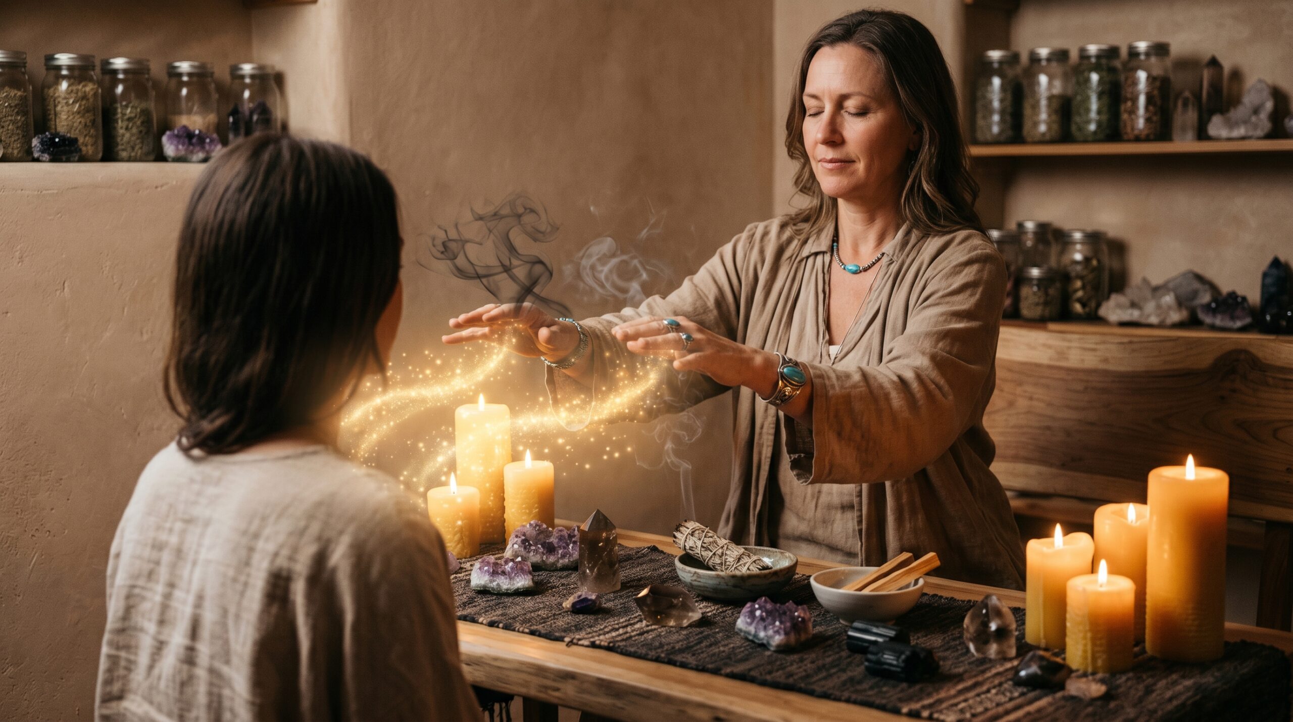 `A spiritual healer performing ancient energy cleansing ritual with candles and herbs`