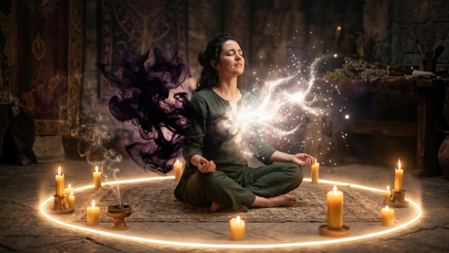 `person using white sage and protection crystals to protect myself from witchcraft`