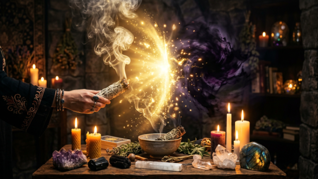 `salt circle and black candle ritual showing how to protect yourself from witchcraft`