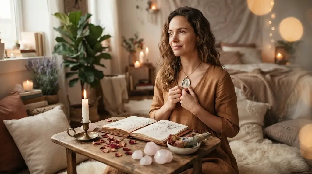 Woman performing a romantic spiritual chant ritual with candles and roses