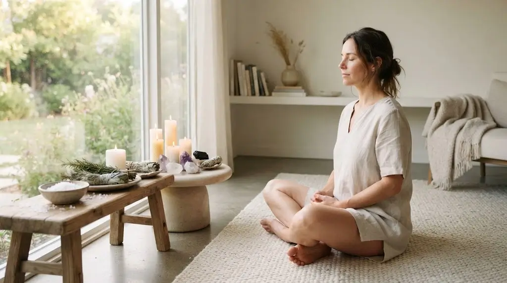 Spiritual cleansing ritual with candles, herbs, salt and crystals