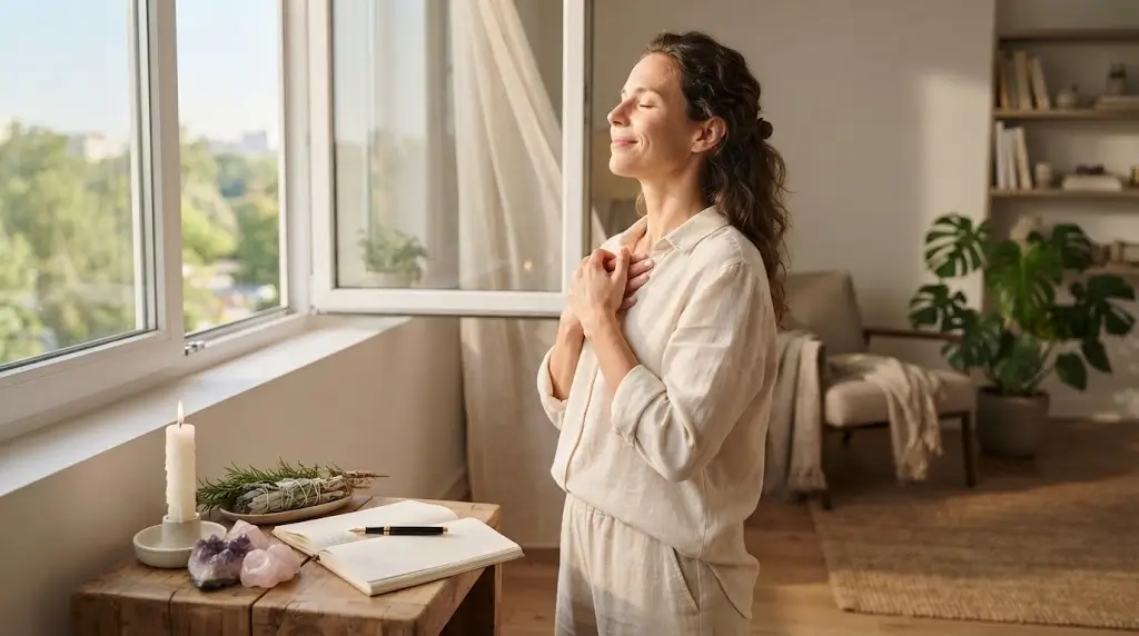 Woman practicing emotional cleansing in a peaceful room