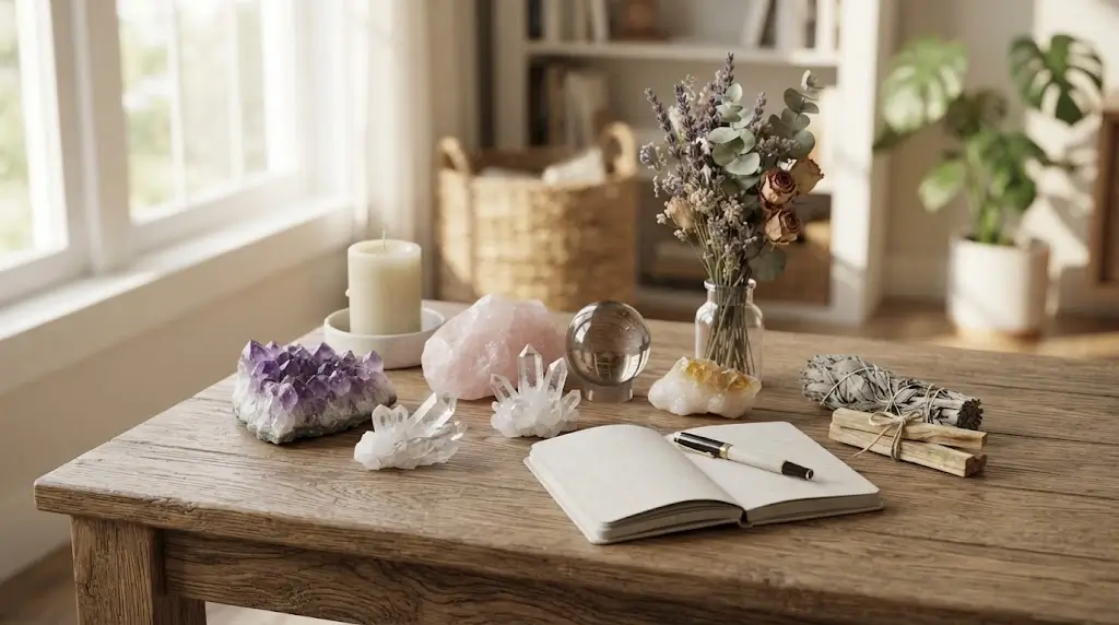 Rose quartz and amethyst crystals used in spiritual wellness