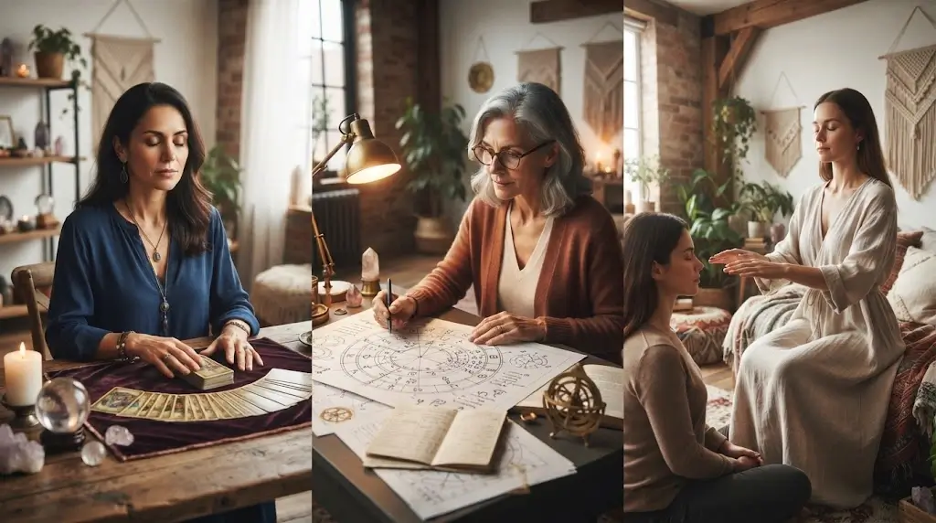 Psychic, astrologer and spiritual healer represented in a spiritual consultation setting