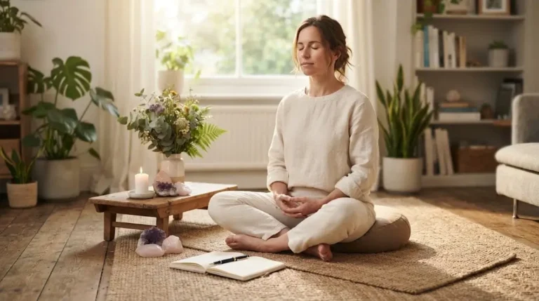 Woman meditating with crystals during a spiritual healing practice