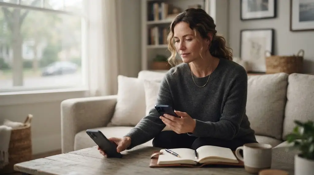 Woman putting down her phone to stop repeatedly contacting her ex