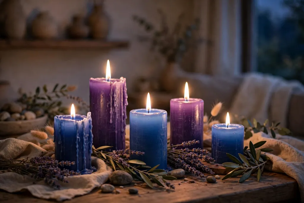 Lit blue and purple candles in a calm evening room with a soft peaceful glow
