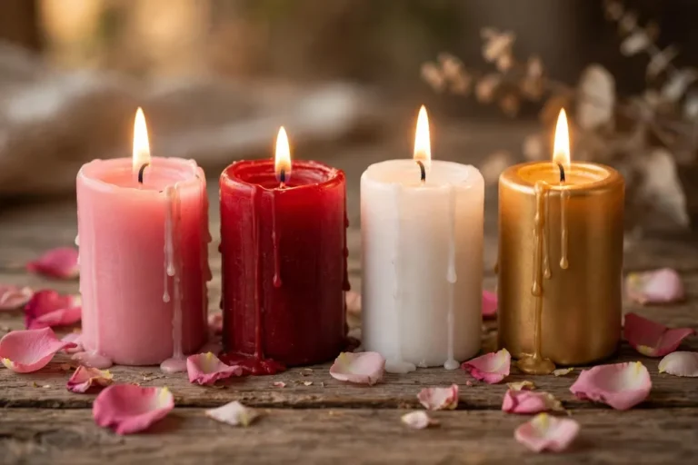 A row of lit candles in pink, red, white, and gold on a wooden surface with a warm gentle glow and rose petals scattered nearby