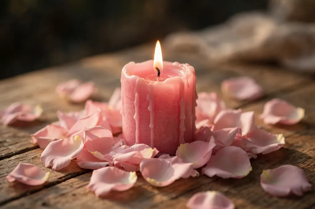 A lit pink candle surrounded by soft rose petals on a wooden table in tender warm light