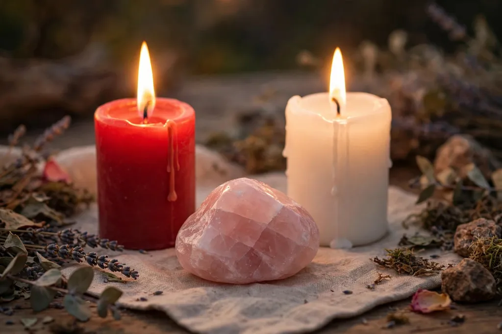 Lit red and white candles beside a rose quartz stone in a warm evening glow