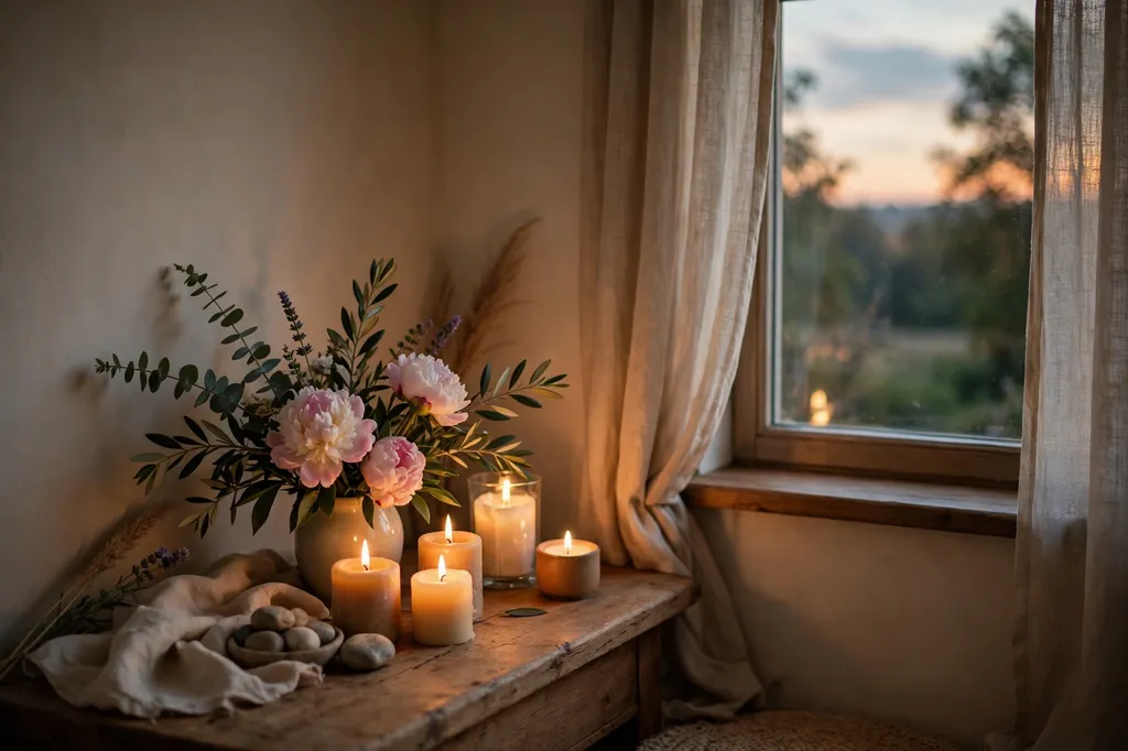 A quiet room corner with lit candles, fresh flowers, and soft evening light through a window