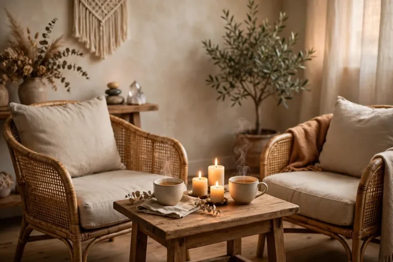A welcoming calm consultation room with two comfortable chairs, two cups of tea on a small wooden table, soft candlelight and warm light