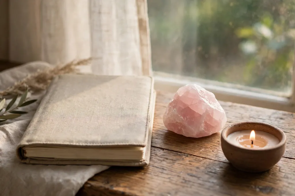 A journal, a rose quartz stone, and a small candle on a table by gentle window light