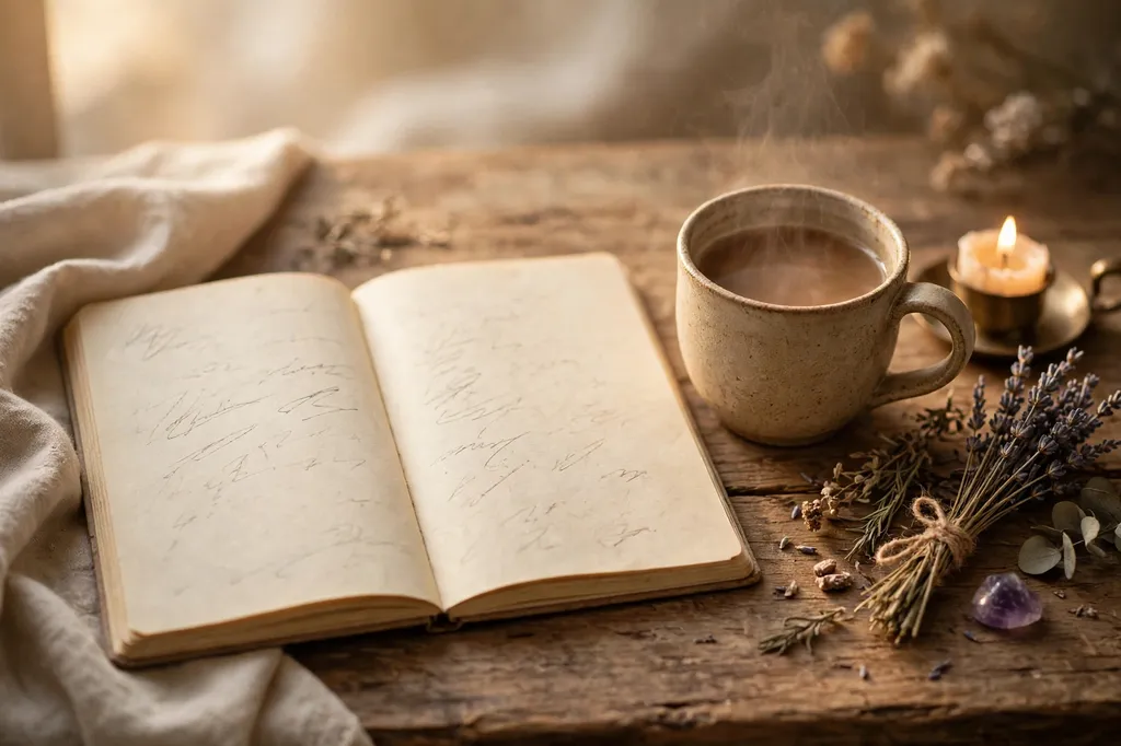 Handwritten notes in an open notebook beside a cup of tea on a wooden table in warm soft light