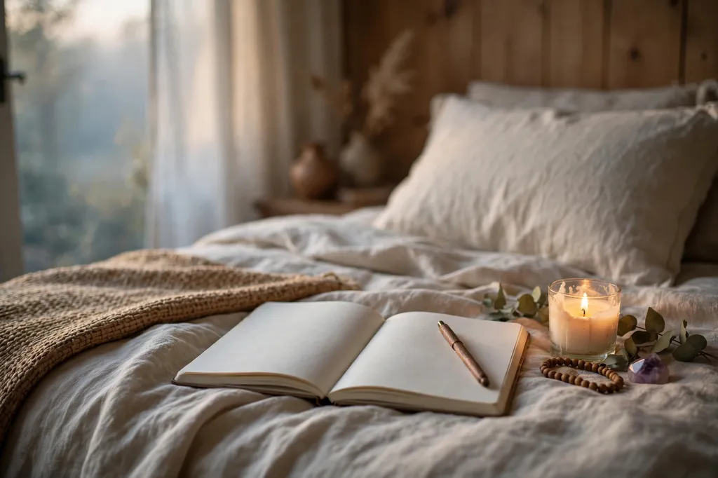 Peaceful bedroom at dawn with soft light, open journal and pen on the bed, lit candle nearby