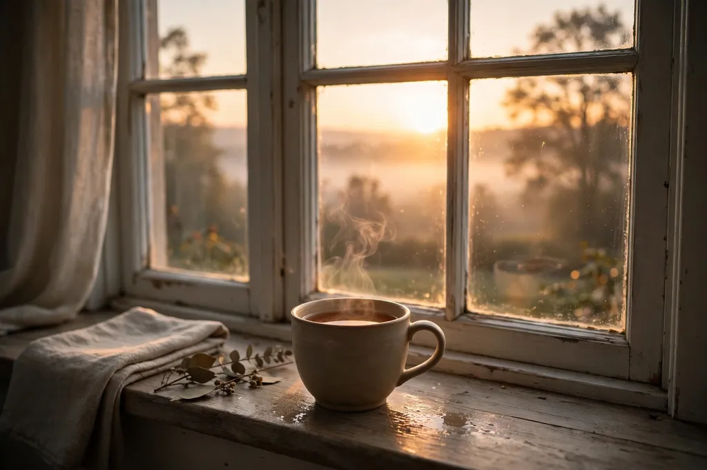 Calm sunrise seen through a window with a cup of tea on the sill on a quiet reflective morning